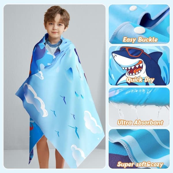Bomclap Shark Kids Beach Towel 70x140 cm - Kaksipuolinen uima-allas- ja uimapyyhe pojille, Nopeasti kuivuva pehmeä imukykyinen kylpypyyhe