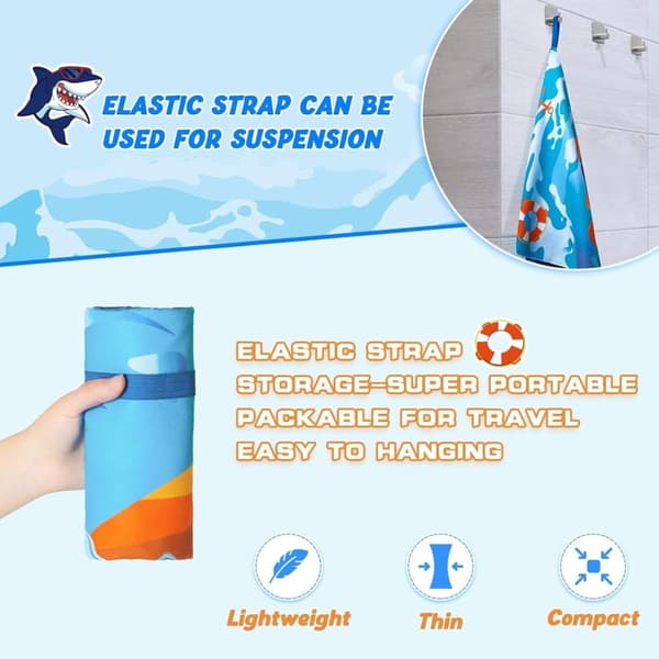 Bomclap Shark Kids Beach Towel 70x140 cm - Kaksipuolinen uima-allas- ja uimapyyhe pojille, Nopeasti kuivuva pehmeä imukykyinen kylpypyyhe