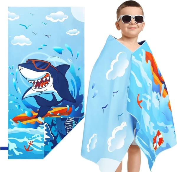 Bomclap Shark Kids Beach Towel 70x140 cm - Kaksipuolinen uima-allas- ja uimapyyhe pojille, Nopeasti kuivuva pehmeä imukykyinen kylpypyyhe