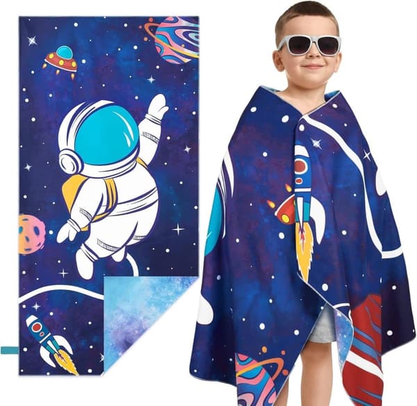 Bomclap Space -rantapyyhe pojille 70x140 cm - Kaksipuolinen lasten allaspyyhe, nopeasti kuivuva imukykyinen pehmeä rantapyyhe