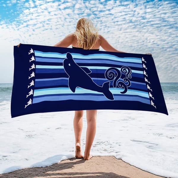 Bomclap Dolphin strandhåndklæde mikrofiber 70x140cm - Letvægts sandløst hurtigtørrende rejsehåndklæde til voksne/kvinder/mænd/børn, pooltilbehør