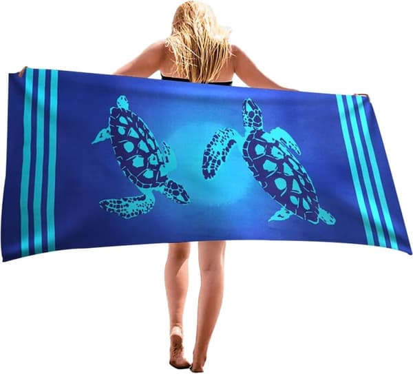 Bomclap Blue Turtle strandhåndklæde 70x140cm - Microfiber Sandless Quick Dry rejsehåndklæde til pool/yoga, gave og strandtilbehør
