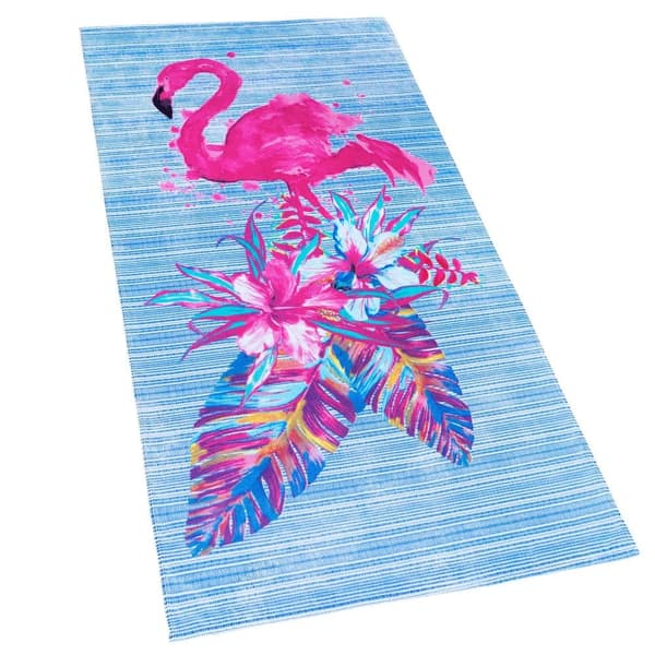 Bomclap rantapyyhe 70x140 cm - Värikäs flamingo - ja kukat - kuvio sinisellä Streifen Nopeasti kuivuva kylpypyyhe matkapyyhe