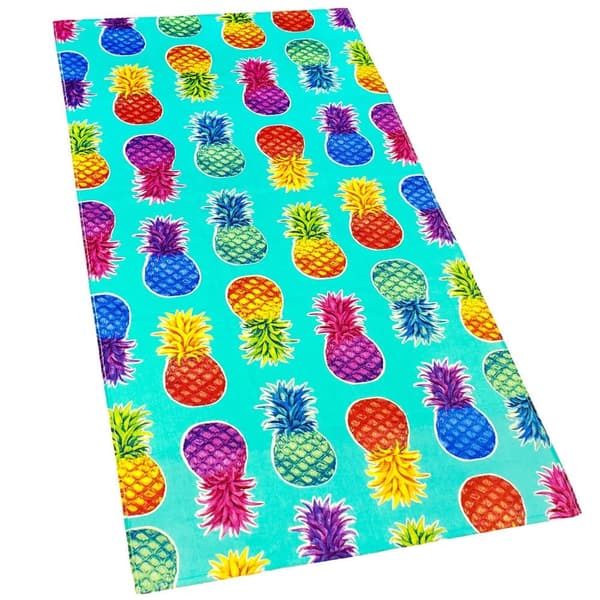 Bomclap strandhåndklæde 70x140 cm - farverig ananas - mønster på turkis baggrund hurtigtørrende badehåndklæde rejsehåndklæde