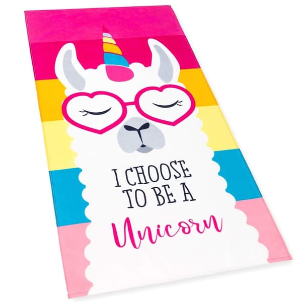 Bomclap Rantapyyhe 70x140 cm - Alpakka ja Hero Goggles - kuvio ja "I CHOOSE TO BE A Unicorn" - teksti Nopeasti kuivuva rantapyyhe Matkapyyhe