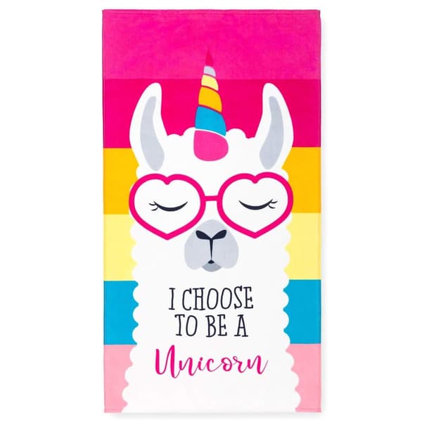 Bomclap Rantapyyhe 70x140 cm - Alpakka ja Hero Goggles - kuvio ja "I CHOOSE TO BE A Unicorn" - teksti Nopeasti kuivuva rantapyyhe Matkapyyhe