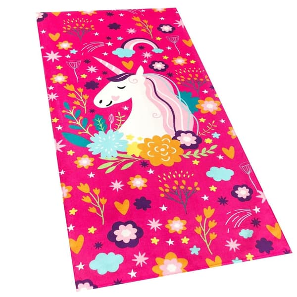 Bomclap Strandhåndklæde 70x140cm - Enhjørning - motiv med blomster og stjerner på rød baggrund Fastrocking badehåndklæde rejsehåndklæde
