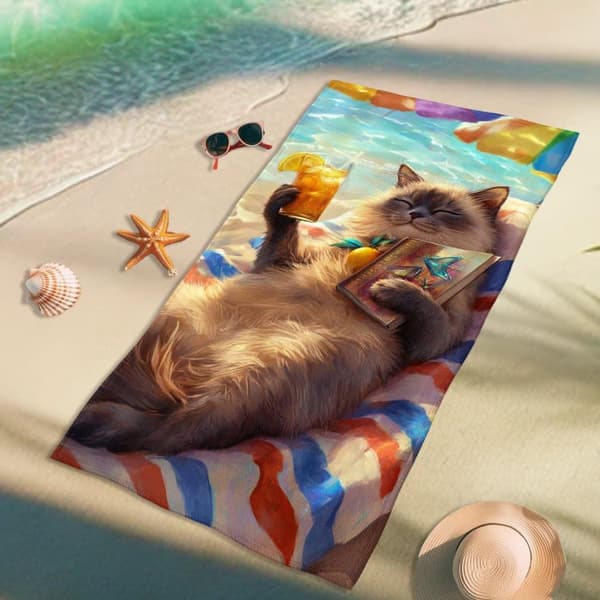 Bomclap Strandhåndklæde 70x140cm - Kat på stranden - slap af - design Fastrocknendes Badehåndklæde Rejsehåndklæde