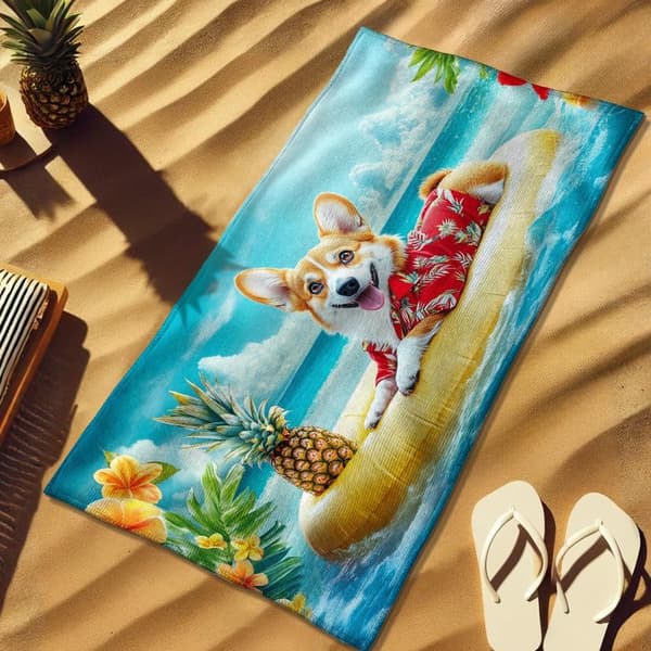 Bomclap Rantapyyhe 70x140cm - Corgi Dog auf Beach - Schwimmring - Design Fastrocking Kylpypyyhe Matkapyyhe