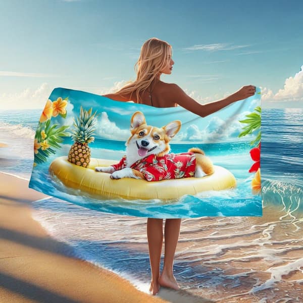 Bomclap Rantapyyhe 70x140cm - Corgi Dog auf Beach - Schwimmring - Design Fastrocking Kylpypyyhe Matkapyyhe