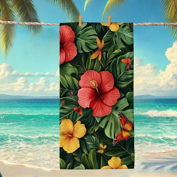 Bomclap Badehåndklæde 70x140cm - Hibiscus - und Schmetterling - design Fastrocking Badehåndklæde Rejsehåndklæde