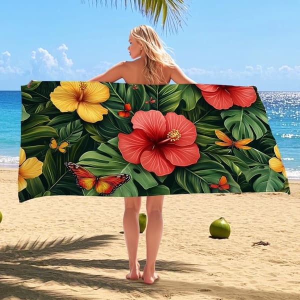 Bomclap Badehåndklæde 70x140cm - Hibiscus - und Schmetterling - design Fastrocking Badehåndklæde Rejsehåndklæde