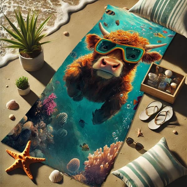 Bomclap Strandhåndklæde 70x140cm - Highlandrind im Unterwasser - Motivif mit Tauchbrille Fastrocknendes Badehåndklæde Rejsehåndklæde