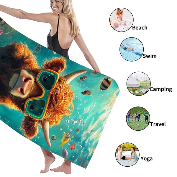 Bomclap Strandhåndklæde 70x140cm - Highlandrind im Unterwasser - Motivif mit Tauchbrille Fastrocknendes Badehåndklæde Rejsehåndklæde