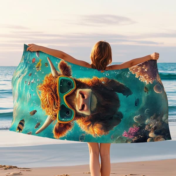 Bomclap Strandhåndklæde 70x140cm - Highlandrind im Unterwasser - Motivif mit Tauchbrille Fastrocknendes Badehåndklæde Rejsehåndklæde
