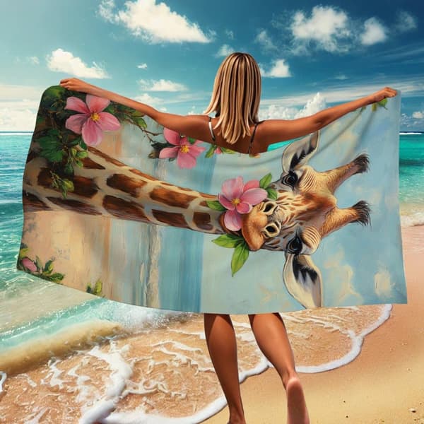 Bomclap Strandhåndklæde 70x140cm - Giraf mit Blumen - Motif Fastrocking strandhåndklæde Rejsehåndklæde