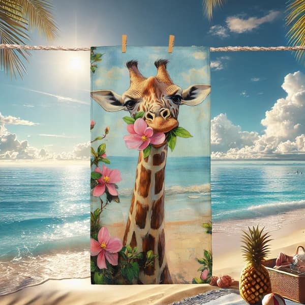 Bomclap Strandhåndklæde 70x140cm - Giraf mit Blumen - Motif Fastrocking strandhåndklæde Rejsehåndklæde