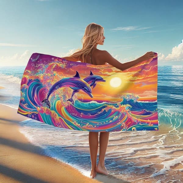 Bomclap Strandhåndklæde 70x140cm - Delfine - Motiv i Farbenfroher, Abstrakt Kunst - Stil Fastrocking Badehåndklæde Rejsehåndklæde