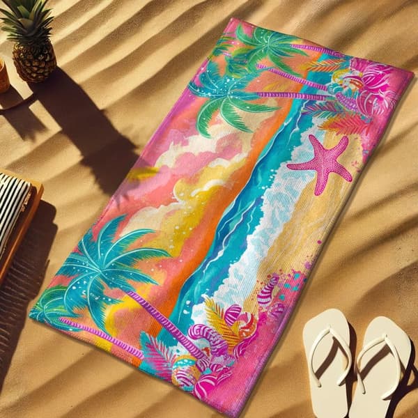Bomclap Rantapyyhe 70x140cm - Farbenfrohes Strand - Motiv mit Palmen und Sternenfischen Fastrocknendes Kylpypyyhe Matkapyyhe
