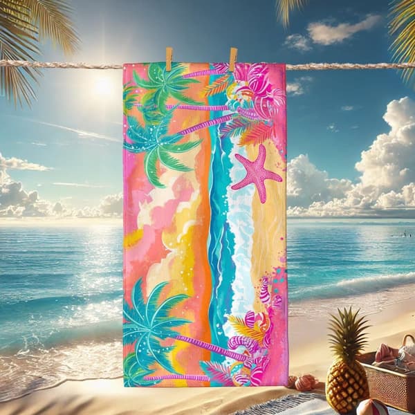 Bomclap Strandhåndklæde 70x140cm - Farbenfrohes Strand - Motiv mit Palmen und Sternenfischen Fastrocknendes Badehåndklæde Rejsehåndklæde