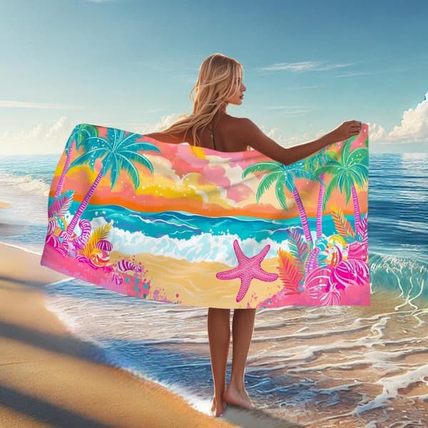 Bomclap Rantapyyhe 70x140cm - Farbenfrohes Strand - Motiv mit Palmen und Sternenfischen Fastrocknendes Kylpypyyhe Matkapyyhe