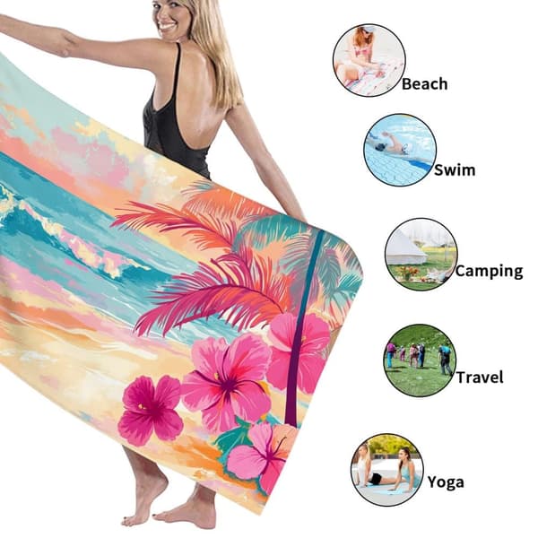 Bomclap Strandhåndklæde 70x140cm - Tropische Blumen - motiv i Pastel - Farben Fastrocknendes Badehåndklæde Rejsehåndklæde