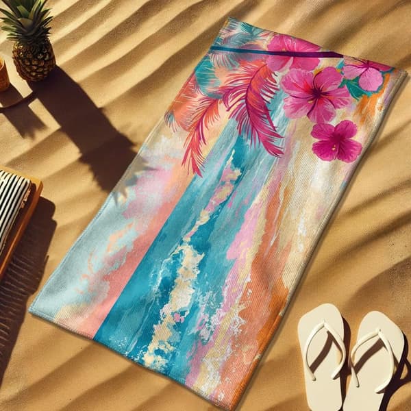 Bomclap Strandhåndklæde 70x140cm - Tropische Blumen - motiv i Pastel - Farben Fastrocknendes Badehåndklæde Rejsehåndklæde