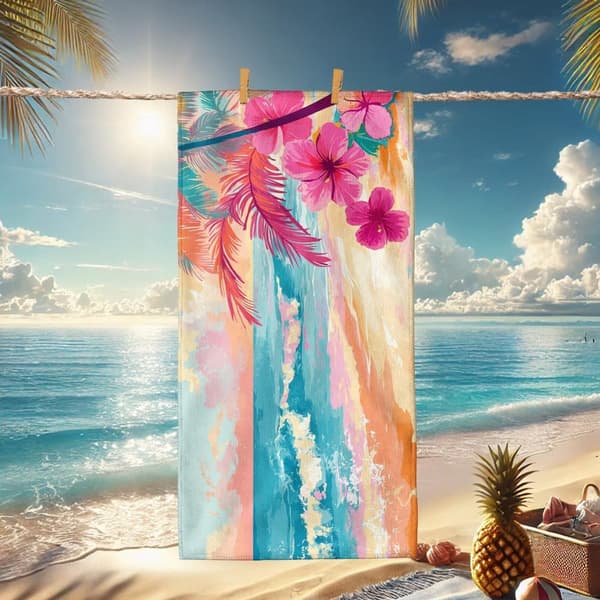 Bomclap Strandhåndklæde 70x140cm - Tropische Blumen - motiv i Pastel - Farben Fastrocknendes Badehåndklæde Rejsehåndklæde