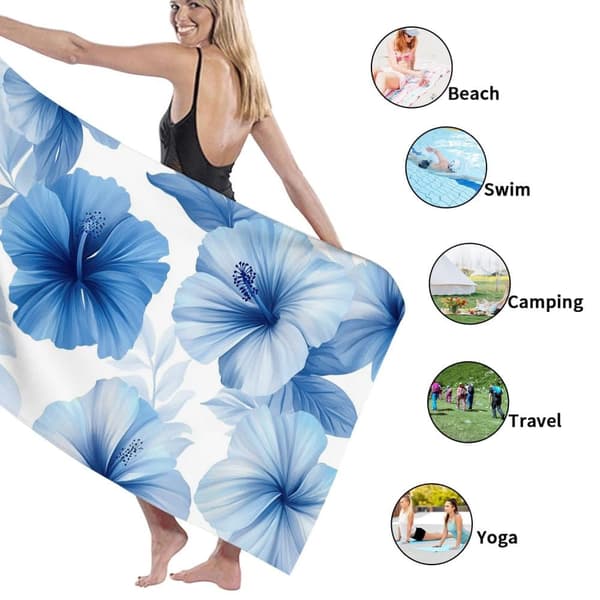 Bomclap rantapyyhe 70x140cm - Blau - Weiß - Hibiscus - motiivi Quick-Rock kylpypyyhe matkapyyhe