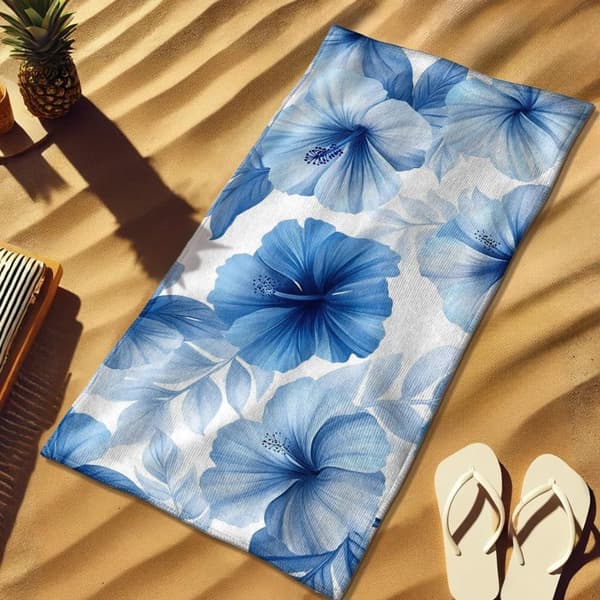 Bomclap rantapyyhe 70x140cm - Blau - Weiß - Hibiscus - motiivi Quick-Rock kylpypyyhe matkapyyhe