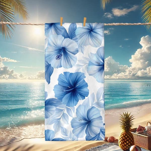 Bomclap rantapyyhe 70x140cm - Blau - Weiß - Hibiscus - motiivi Quick-Rock kylpypyyhe matkapyyhe