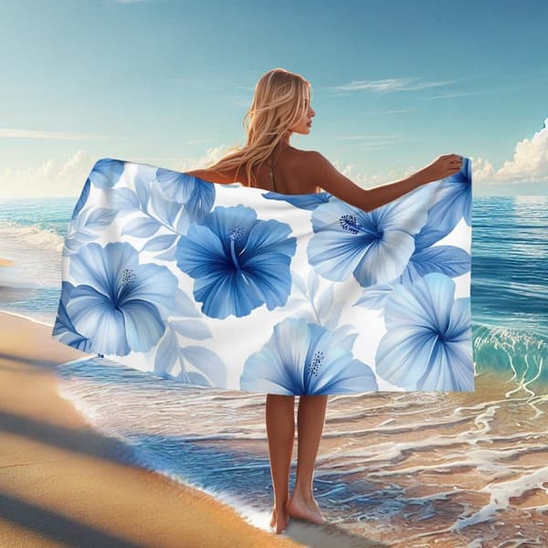 Bomclap rantapyyhe 70x140cm - Blau - Weiß - Hibiscus - motiivi Quick-Rock kylpypyyhe matkapyyhe