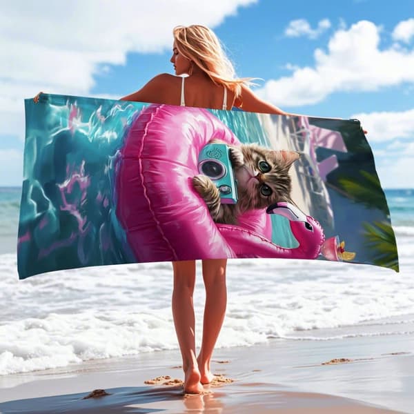 Bomclap Rantapyyhe 70x140cm - Cat auf Pink - Flamingo - Schwimmring - motiivi Quick-rock rantapyyhe Matkapyyhe