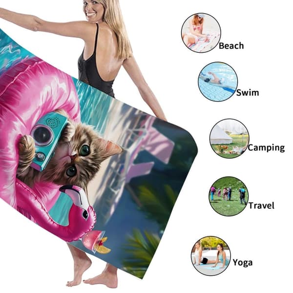 Bomclap Rantapyyhe 70x140cm - Cat auf Pink - Flamingo - Schwimmring - motiivi Quick-rock rantapyyhe Matkapyyhe