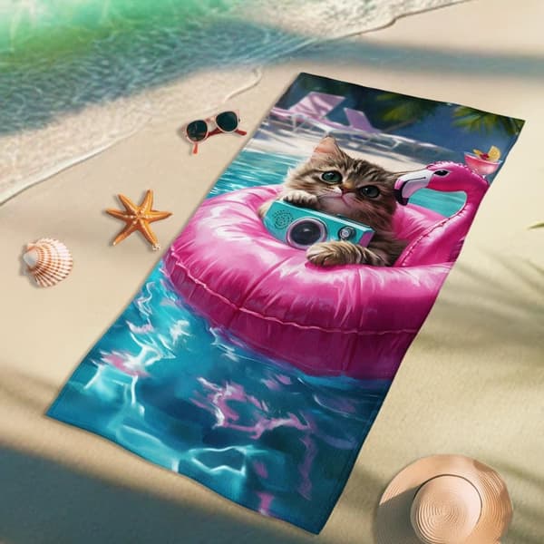 Bomclap Rantapyyhe 70x140cm - Cat auf Pink - Flamingo - Schwimmring - motiivi Quick-rock rantapyyhe Matkapyyhe