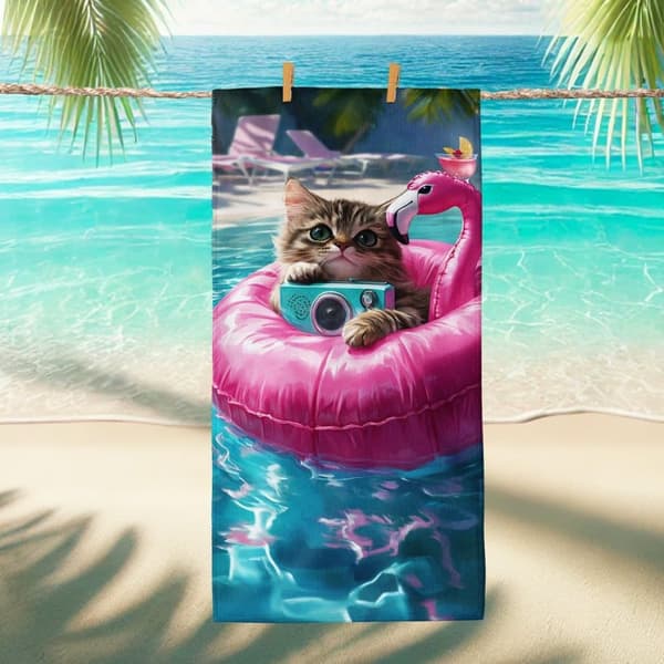 Bomclap Rantapyyhe 70x140cm - Cat auf Pink - Flamingo - Schwimmring - motiivi Quick-rock rantapyyhe Matkapyyhe