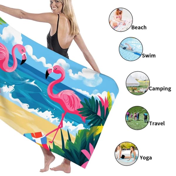 Bomclap Rantapyyhe 70x140cm - Vaaleanpunainen Flamingo - Motif mit Strand - und Ozean - Elementen Fastrocknendes Kylpypyyhe Matkapyyhe