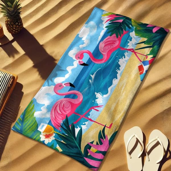 Bomclap Rantapyyhe 70x140cm - Vaaleanpunainen Flamingo - Motif mit Strand - und Ozean - Elementen Fastrocknendes Kylpypyyhe Matkapyyhe