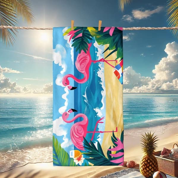 Bomclap Rantapyyhe 70x140cm - Vaaleanpunainen Flamingo - Motif mit Strand - und Ozean - Elementen Fastrocknendes Kylpypyyhe Matkapyyhe