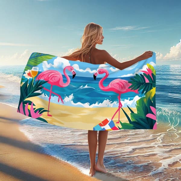 Bomclap Rantapyyhe 70x140cm - Vaaleanpunainen Flamingo - Motif mit Strand - und Ozean - Elementen Fastrocknendes Kylpypyyhe Matkapyyhe