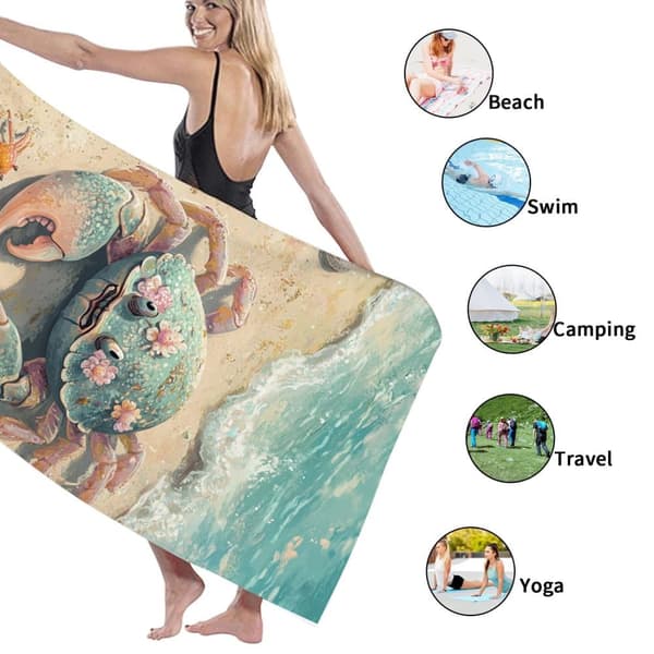 Bomclap Rantapyyhe 70x140cm - Krabben - Motiv mit Meereskreaturen und Muscheln am Strand Fastrocknendes Kylpypyyhe Matkapyyhe