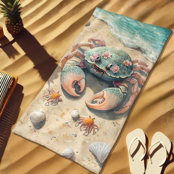 Bomclap Rantapyyhe 70x140cm - Krabben - Motiv mit Meereskreaturen und Muscheln am Strand Fastrocknendes Kylpypyyhe Matkapyyhe