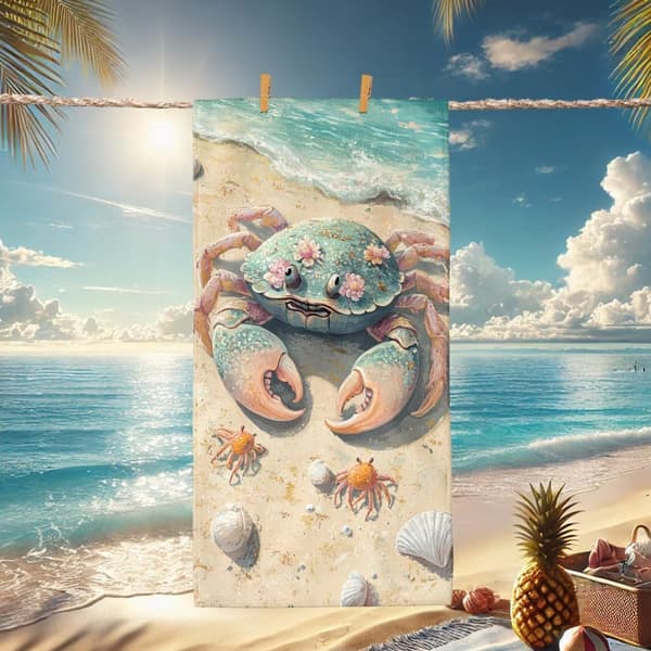 Bomclap Rantapyyhe 70x140cm - Krabben - Motiv mit Meereskreaturen und Muscheln am Strand Fastrocknendes Kylpypyyhe Matkapyyhe