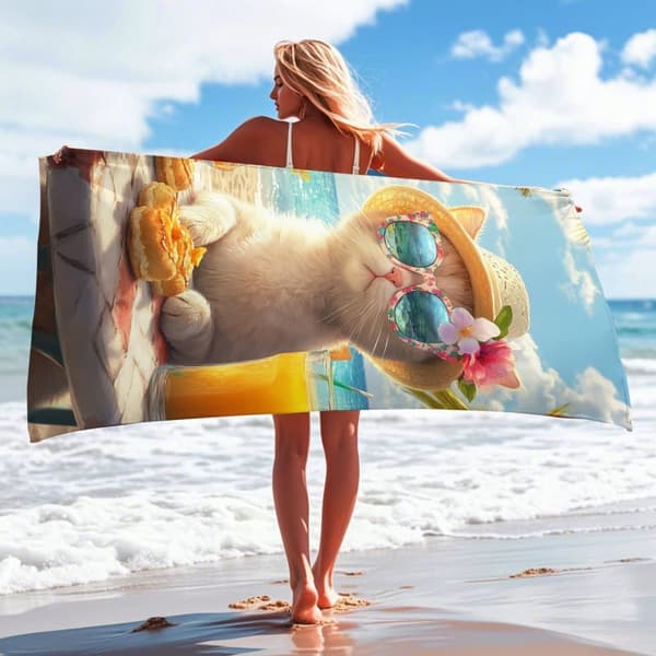 Bomclap Rantapyyhe 70x140cm - Kissa rannalla - rentoutua - aihe hattu, lasit ja aamiainen Nopea keinuva Rantapyyhe Matkapyyhe