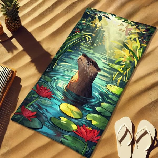 Bomclap Rantapyyhe 70x140cm - Otter im tropischen Fluss - Motiv mit Seerosen Snabbrocknendes Kylpypyyhe Matkapyyhe