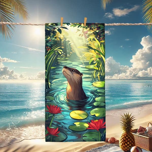 Bomclap Rantapyyhe 70x140cm - Otter im tropischen Fluss - Motiv mit Seerosen Snabbrocknendes Kylpypyyhe Matkapyyhe