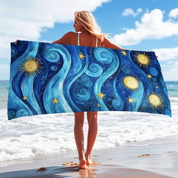 Bomclap Rantapyyhe 70x140cm - Blaues Wellentempo mit Goldenen Sonnen und Sternen - Motif Fastrocknendes Kylpypyyhe Matkapyyhe