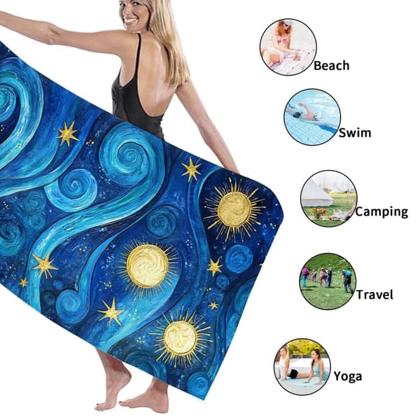 Bomclap Rantapyyhe 70x140cm - Blaues Wellentempo mit Goldenen Sonnen und Sternen - Motif Fastrocknendes Kylpypyyhe Matkapyyhe