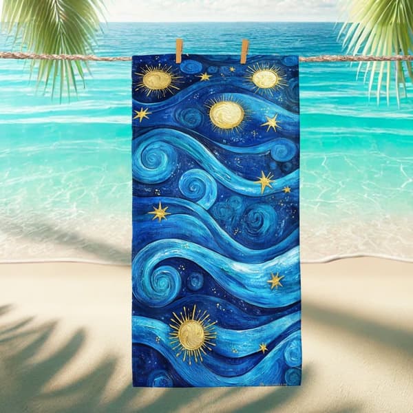 Bomclap Rantapyyhe 70x140cm - Blaues Wellentempo mit Goldenen Sonnen und Sternen - Motif Fastrocknendes Kylpypyyhe Matkapyyhe