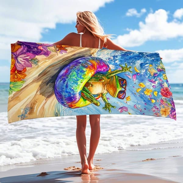 Bomclap Rantapyyhe 70x140cm - Fröhlicher Frosch auf buntem Schwimmring - Motif Quick keinuva Kylpypyyhe Matkapyyhe